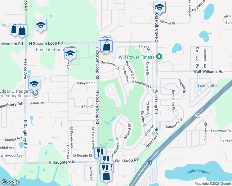 map of restaurants, bars, coffee shops, grocery stores, and more near 6057 Seagull Lane in Lakeland