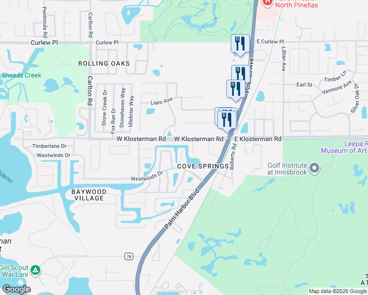 map of restaurants, bars, coffee shops, grocery stores, and more near 4848 Hummingbird Trail in Palm Harbor