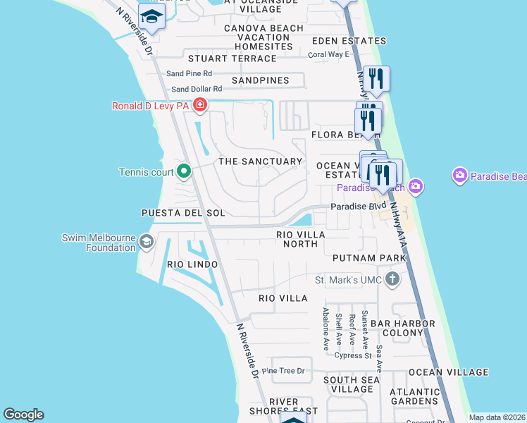 map of restaurants, bars, coffee shops, grocery stores, and more near 472 Peregrine Drive in Indialantic