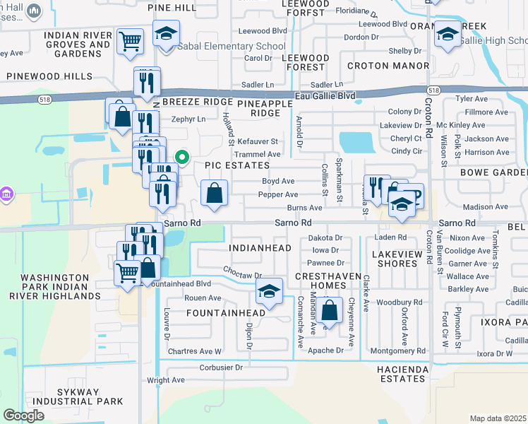 map of restaurants, bars, coffee shops, grocery stores, and more near 2607 Burns Avenue in Melbourne