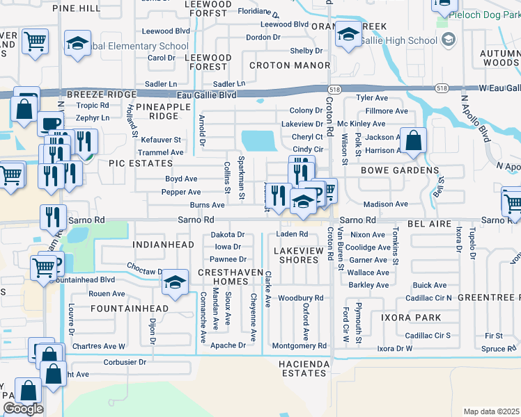 map of restaurants, bars, coffee shops, grocery stores, and more near 2316 Sarno Road in Melbourne