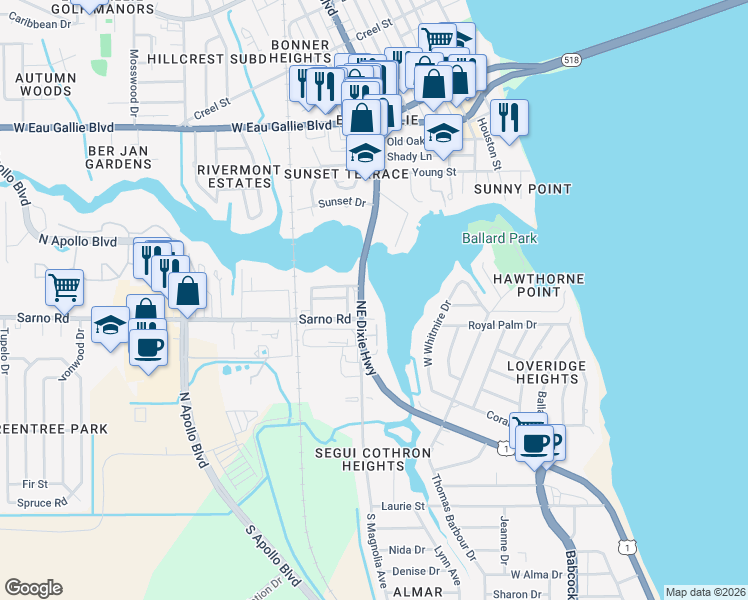 map of restaurants, bars, coffee shops, grocery stores, and more near 914 North Harbor City Boulevard in Melbourne