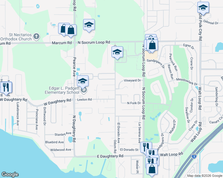 map of restaurants, bars, coffee shops, grocery stores, and more near 257 Village View Lane in Lakeland