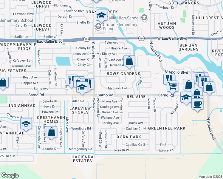map of restaurants, bars, coffee shops, grocery stores, and more near 1918 Sarno Road in Melbourne