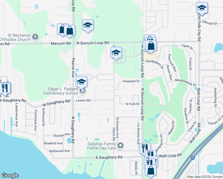 map of restaurants, bars, coffee shops, grocery stores, and more near 257 Village View Lane in Lakeland