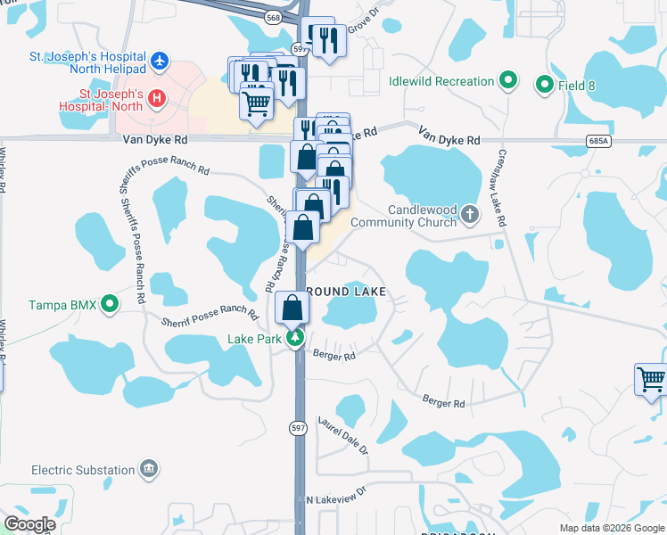 map of restaurants, bars, coffee shops, grocery stores, and more near 3812 Little Road in Lutz