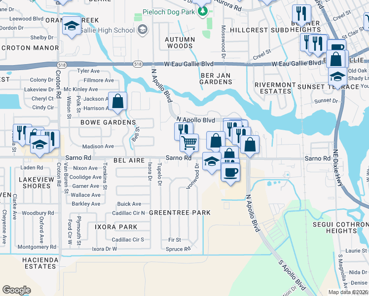 map of restaurants, bars, coffee shops, grocery stores, and more near 1450 Sarno Road in Melbourne