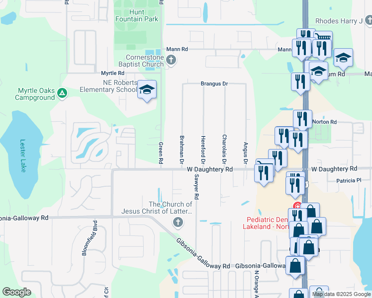 map of restaurants, bars, coffee shops, grocery stores, and more near 6209 Brahman Drive in Lakeland