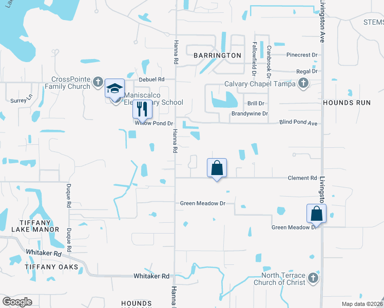 map of restaurants, bars, coffee shops, grocery stores, and more near 1518 Clement Road in Lutz