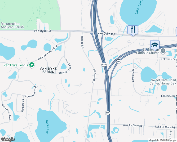 map of restaurants, bars, coffee shops, grocery stores, and more near 17308 Tobacco Road in Lutz