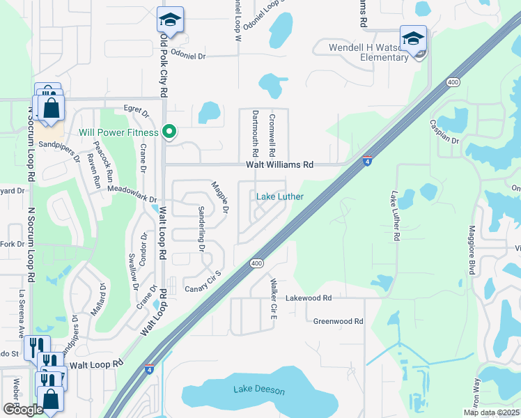 map of restaurants, bars, coffee shops, grocery stores, and more near 1123 Walt Williams Road in Lakeland