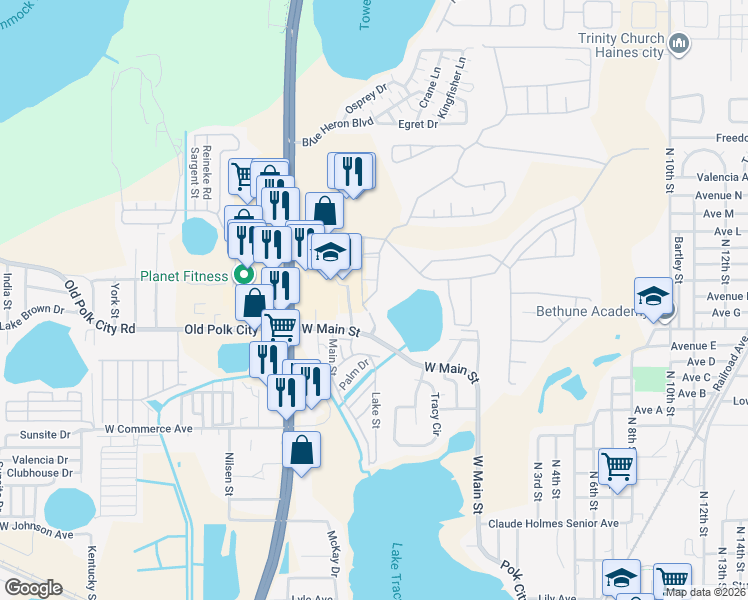 map of restaurants, bars, coffee shops, grocery stores, and more near 7003 Hemingway Circle in Haines City