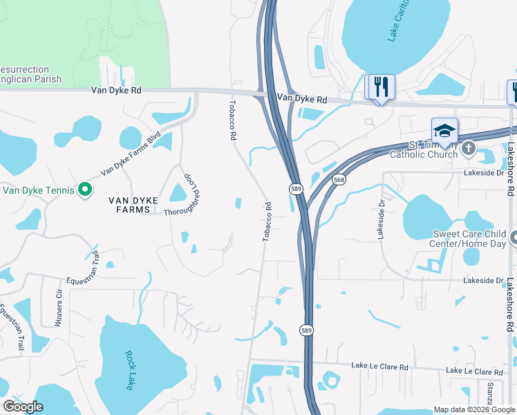 map of restaurants, bars, coffee shops, grocery stores, and more near 17308 Tobacco Road in Lutz
