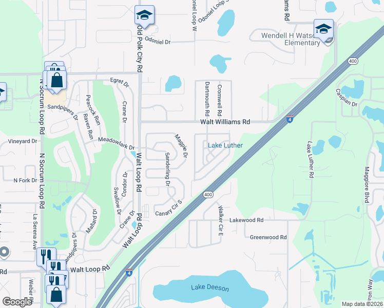map of restaurants, bars, coffee shops, grocery stores, and more near 6053 Magpie Drive in Lakeland