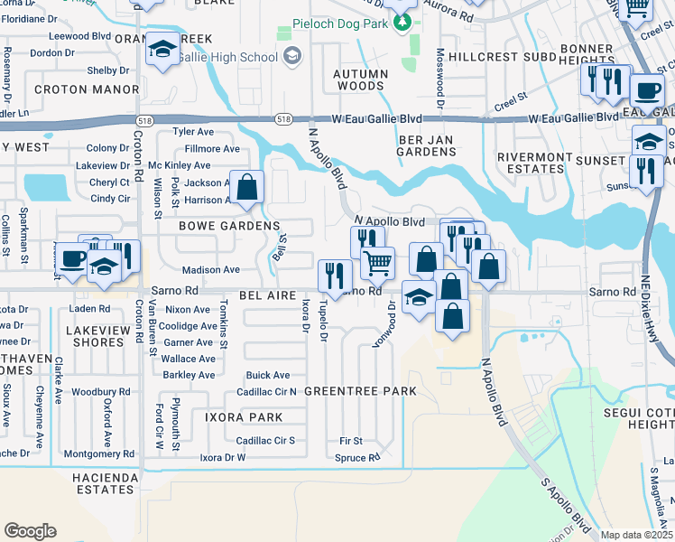map of restaurants, bars, coffee shops, grocery stores, and more near 1600 Sarno Road in Melbourne