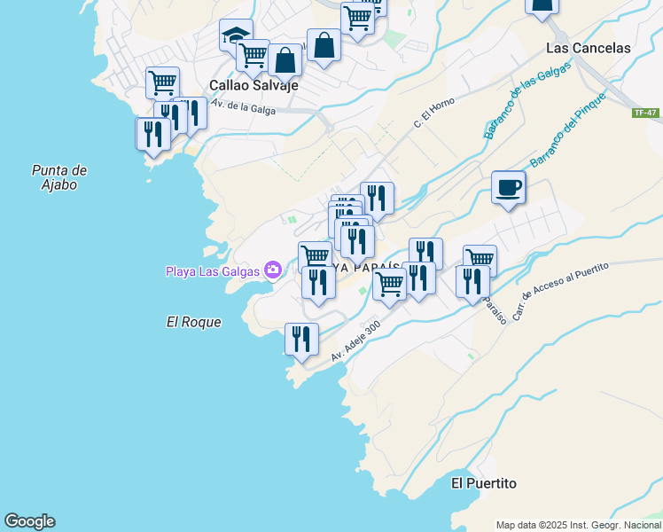 map of restaurants, bars, coffee shops, grocery stores, and more near Avenida Adeje 300 in Santa Cruz de Tenerife