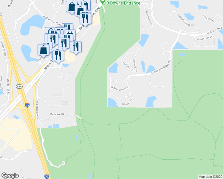 map of restaurants, bars, coffee shops, grocery stores, and more near 8701 Hidden Green Lane in Tampa