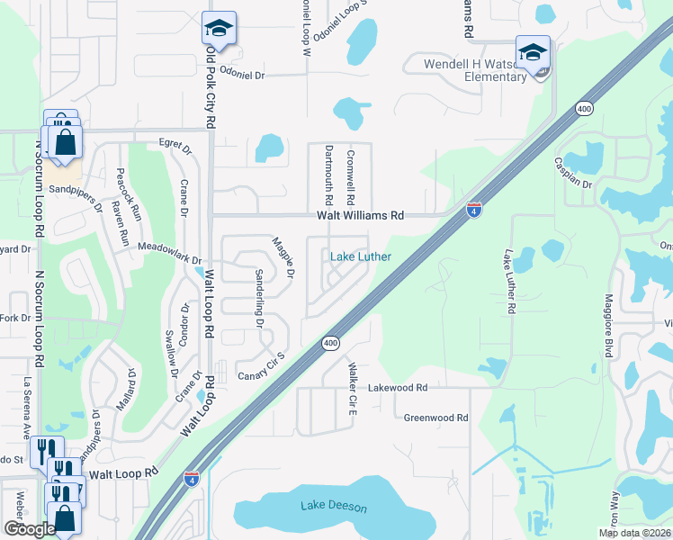 map of restaurants, bars, coffee shops, grocery stores, and more near 1123 Walt Williams Road in Lakeland