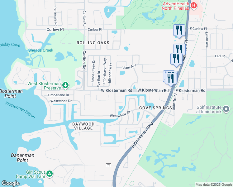 map of restaurants, bars, coffee shops, grocery stores, and more near 4989 Cardinal Trail in Palm Harbor