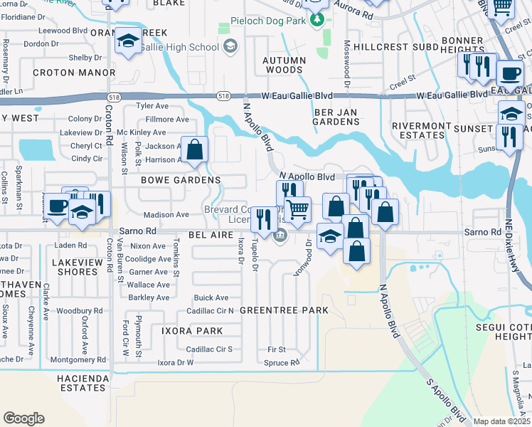 map of restaurants, bars, coffee shops, grocery stores, and more near 1600 Sarno Road in Melbourne