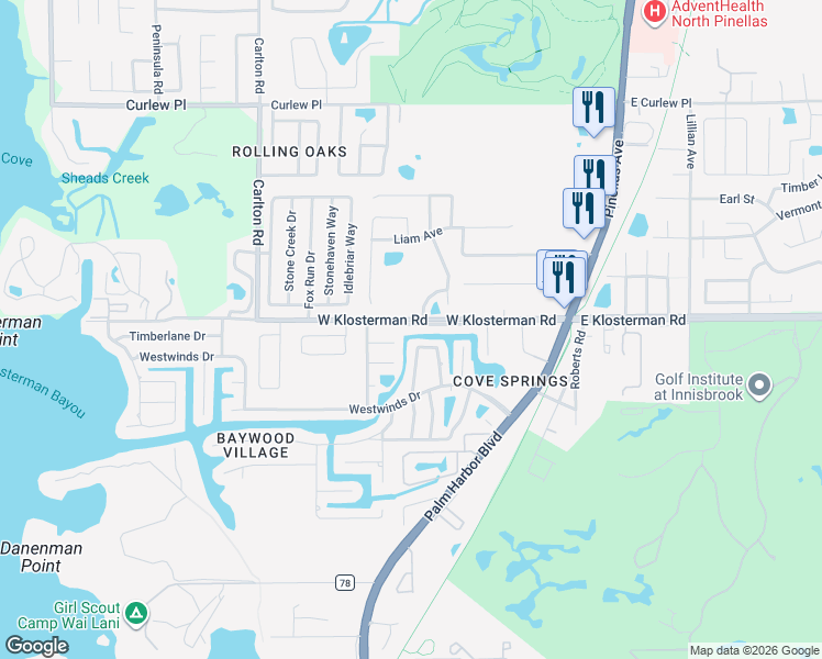 map of restaurants, bars, coffee shops, grocery stores, and more near 428 West Klosterman Road in Palm Harbor