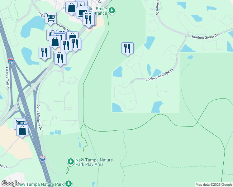 map of restaurants, bars, coffee shops, grocery stores, and more near 8701 Hidden Green Lane in Tampa