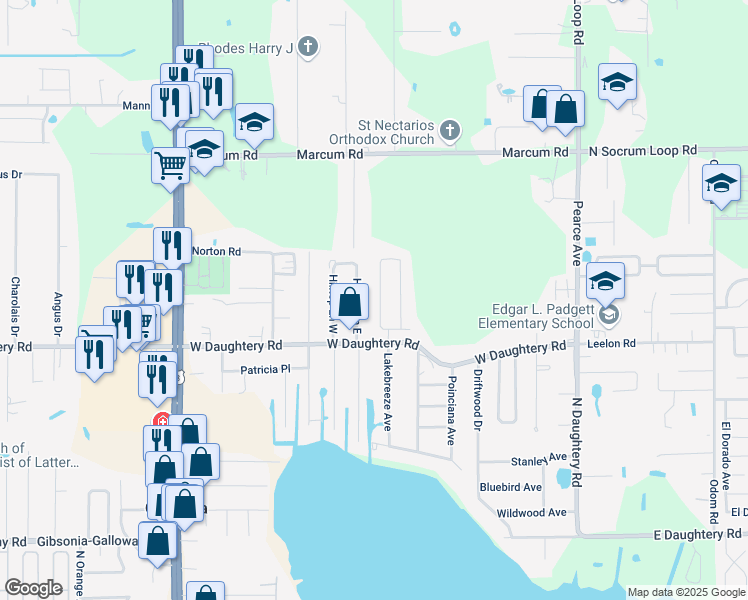 map of restaurants, bars, coffee shops, grocery stores, and more near 6020 Doe Circle West in Lakeland