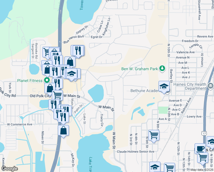 map of restaurants, bars, coffee shops, grocery stores, and more near 1114 Mariner Cay Drive in Haines City
