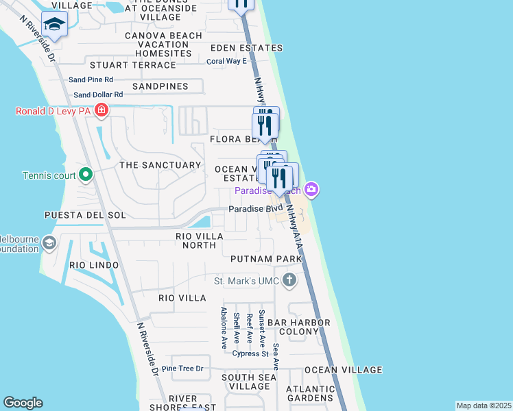map of restaurants, bars, coffee shops, grocery stores, and more near 2287 Venetia Place in Indialantic