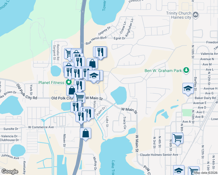 map of restaurants, bars, coffee shops, grocery stores, and more near 7016 Hemingway Circle in Haines City