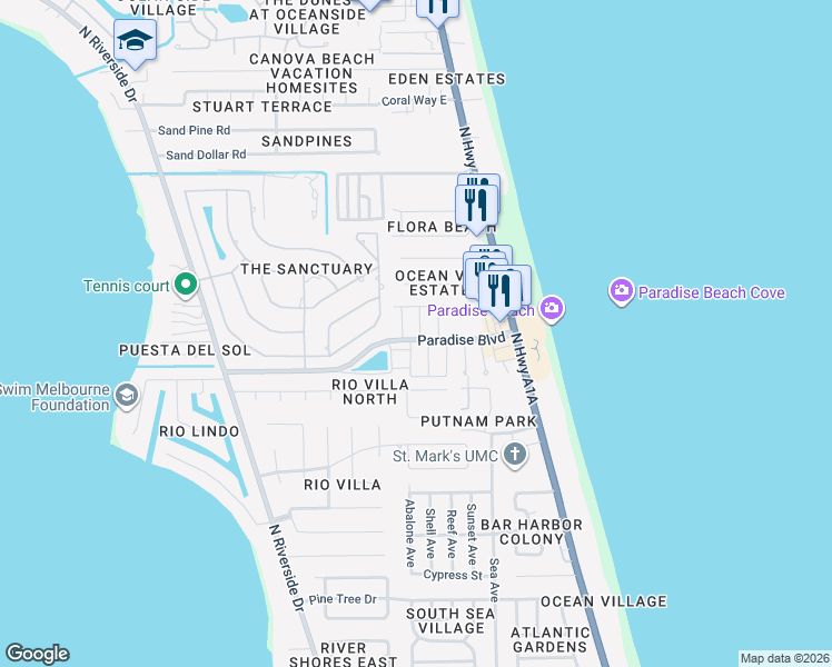 map of restaurants, bars, coffee shops, grocery stores, and more near Paradise Boulevard in Melbourne