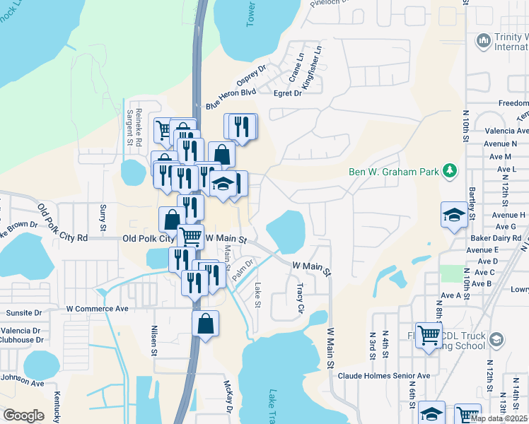 map of restaurants, bars, coffee shops, grocery stores, and more near 7016 Hemingway Circle in Haines City