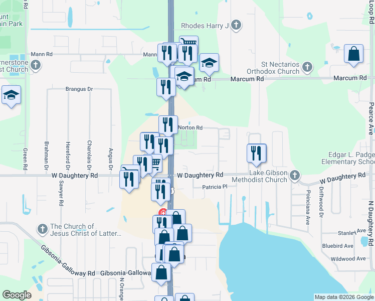 map of restaurants, bars, coffee shops, grocery stores, and more near 912 Shirley Ann Trail in Lakeland