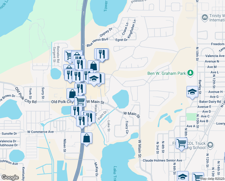 map of restaurants, bars, coffee shops, grocery stores, and more near 8006 Hemingway Circle in Haines City