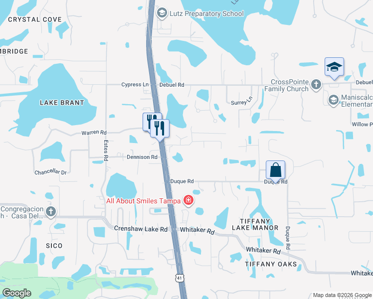 map of restaurants, bars, coffee shops, grocery stores, and more near 112 Duque Road in Lutz