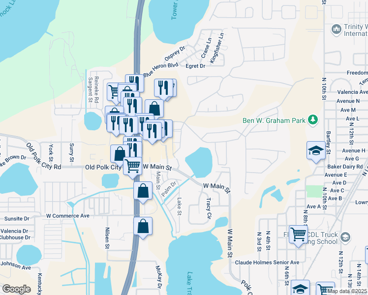 map of restaurants, bars, coffee shops, grocery stores, and more near 4015 Hemingway Circle in Haines City