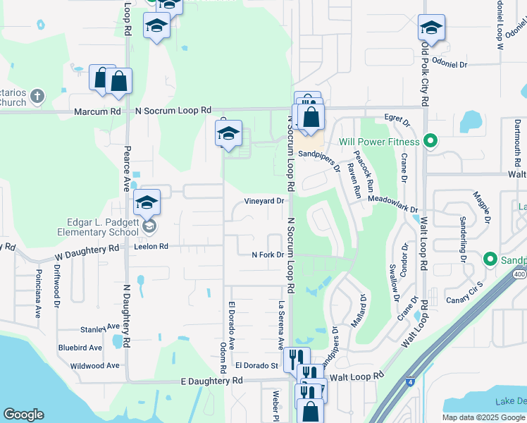 map of restaurants, bars, coffee shops, grocery stores, and more near 430 Vineyard Drive in Lakeland