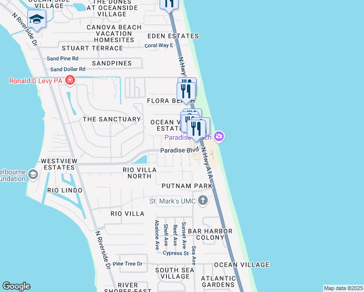 map of restaurants, bars, coffee shops, grocery stores, and more near 170 Paradise Boulevard in Melbourne