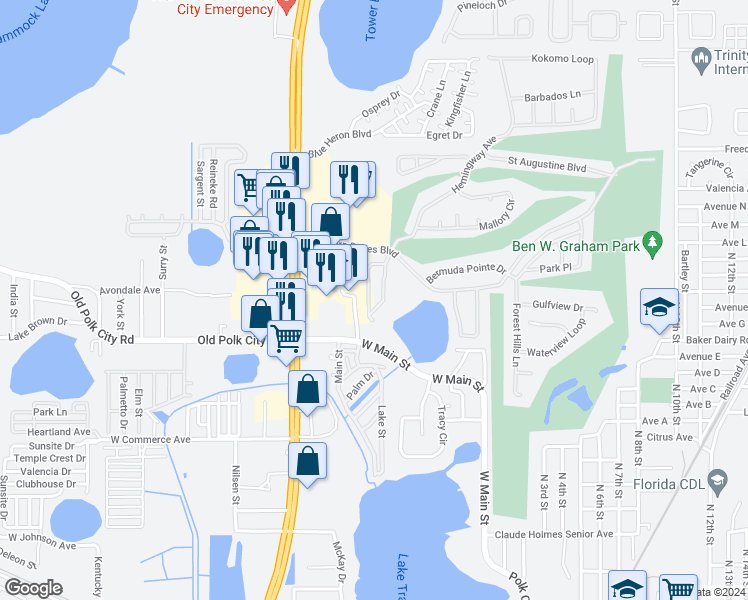 map of restaurants, bars, coffee shops, grocery stores, and more near 6009 Hemingway Circle in Haines City