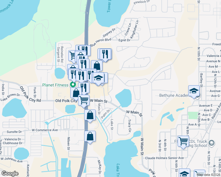 map of restaurants, bars, coffee shops, grocery stores, and more near 4015 Hemingway Circle in Haines City
