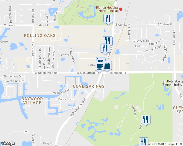 map of restaurants, bars, coffee shops, grocery stores, and more near West Klosterman Road in Palm Harbor
