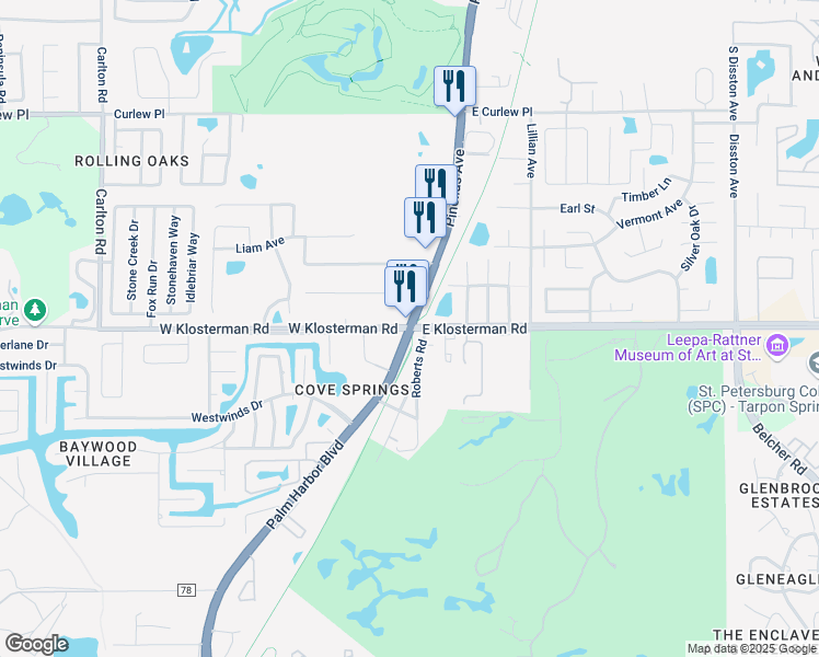 map of restaurants, bars, coffee shops, grocery stores, and more near U.S. 19 Alt & W Klosterman Rd & E Klosterman Rd in Palm Harbor