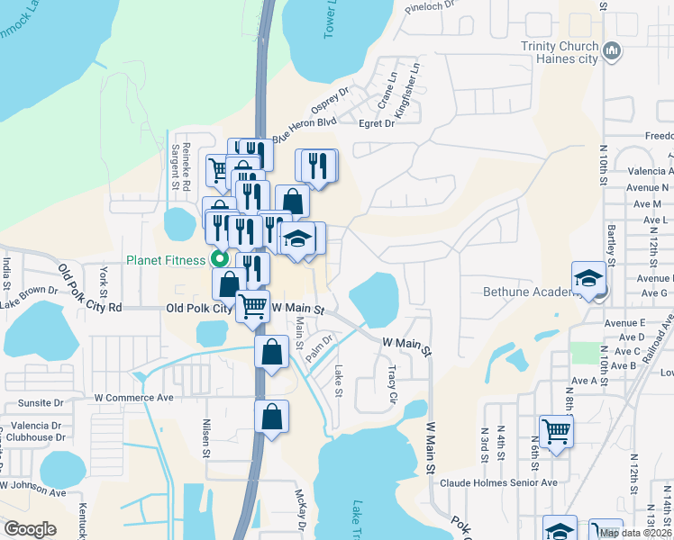 map of restaurants, bars, coffee shops, grocery stores, and more near 4015 Hemingway Circle in Haines City