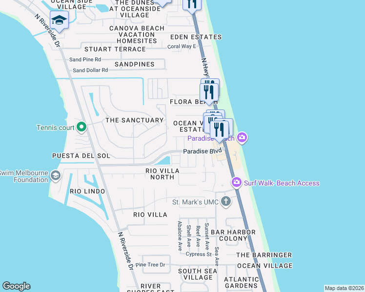 map of restaurants, bars, coffee shops, grocery stores, and more near 290 Paradise Boulevard in Indialantic