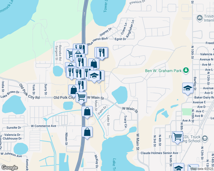 map of restaurants, bars, coffee shops, grocery stores, and more near 4015 Hemingway Circle in Haines City
