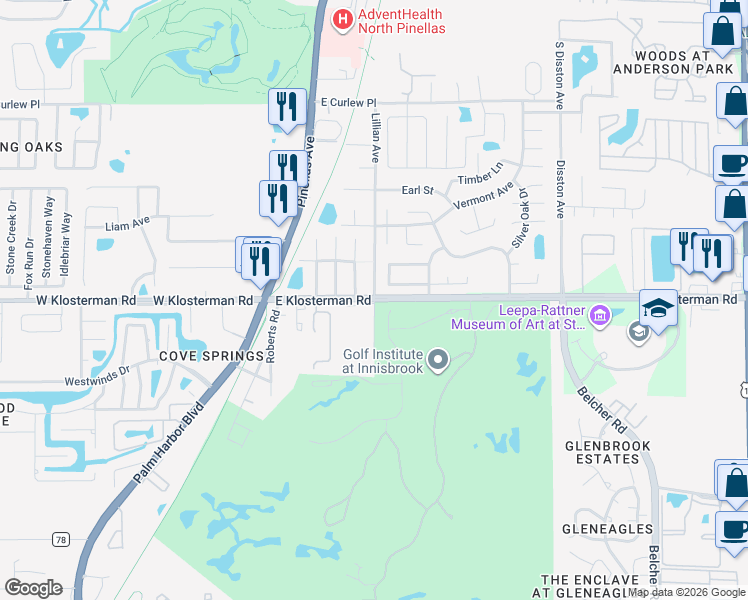 map of restaurants, bars, coffee shops, grocery stores, and more near 232 East Klosterman Road in Palm Harbor