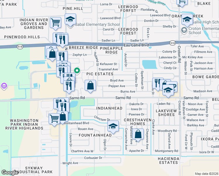 map of restaurants, bars, coffee shops, grocery stores, and more near 2628 Pepper Avenue in Melbourne