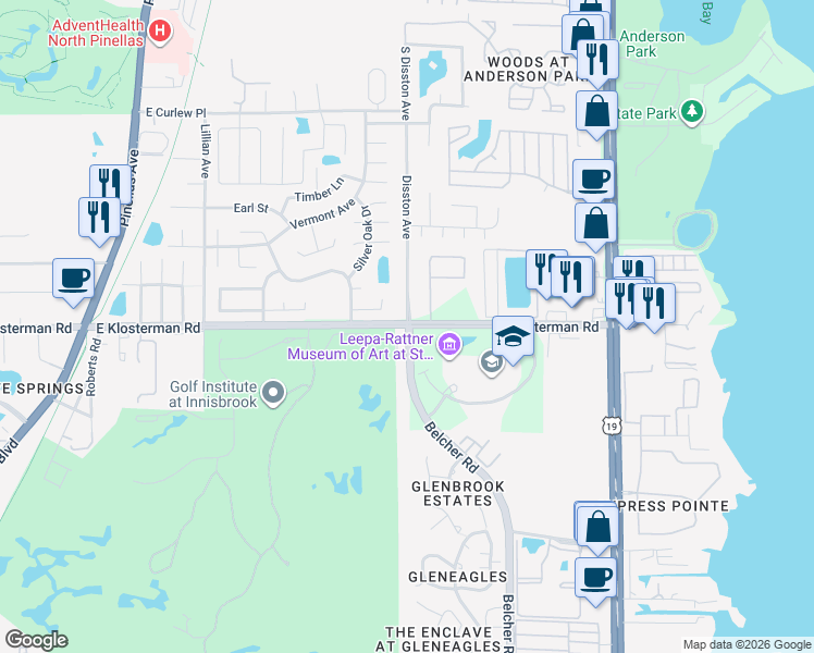 map of restaurants, bars, coffee shops, grocery stores, and more near Belcher Rd & E Klosterman Rd in Palm Harbor