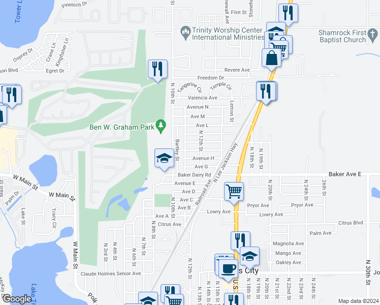 map of restaurants, bars, coffee shops, grocery stores, and more near 1105 Avenue I in Haines City