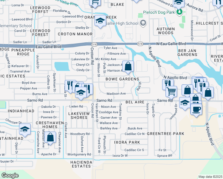 map of restaurants, bars, coffee shops, grocery stores, and more near 1908 Jefferson Avenue in Melbourne